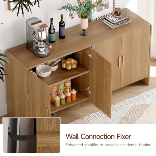 60" Sideboard Buffet Cabinet with Storage, Curved Design Farmhouse Coffee Bar Cabinet with 4 Doors & Adjustable Shelves for Living Room, Kitchen, Hallway, Walnut