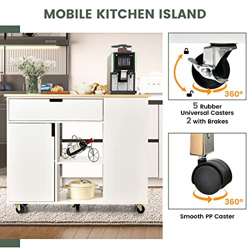 LOKO Kitchen Island with Drop Leaf, Rolling Kitchen Storage Cart with Drawer, Cabinet, 6 Open Shelves, Spice Rack & Towel Bar, Rolling Kitchen Island with Storage & Lockable Wheels (Black)