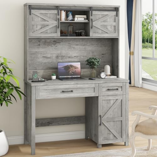 Farmhouse 47'' Executive Desk, I-Shape Desk with 3 Drawers, 2 Cabinets, Gray Oak, for Home Office