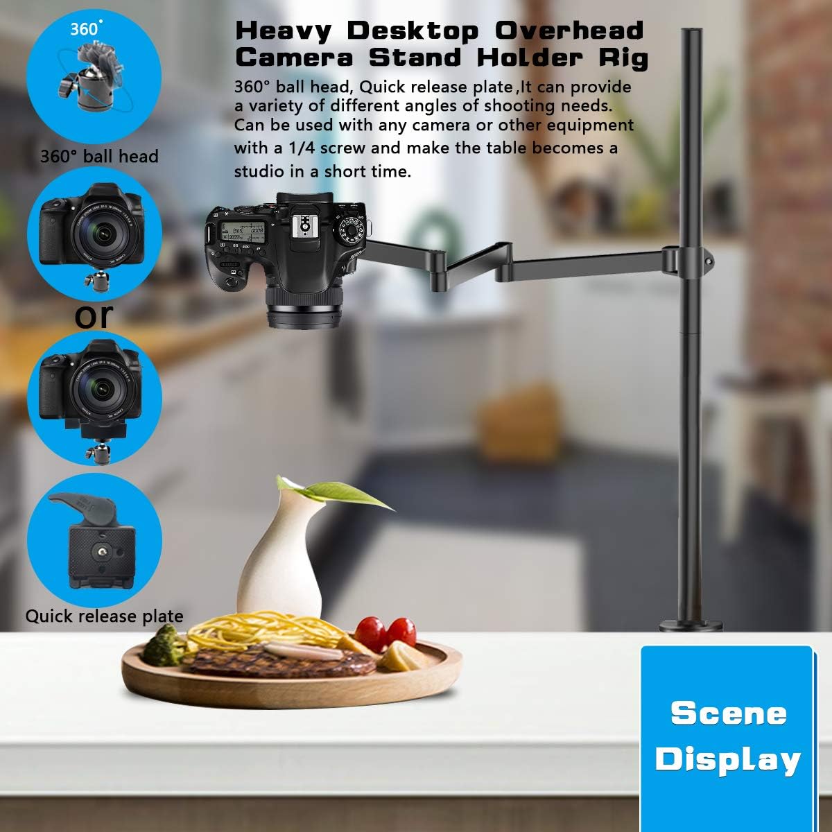 Heavy Desktop Overhead Camera Mount Rig Stand, Top Down DSLR Photography Holder with Flexible Arm and 360° Ball Head, Adjustable Height and Length for Ring Light/Video Camera/Webcam/Panel Light