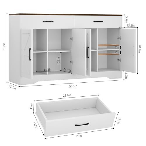 55" Sideboard Buffet Cabinet with Storage, Large Kitchen Storage Sideboard with Drawers & Doors, Modern Wood Farmhouse Coffee Bar Cabinet, Buffet Table for Kitchen, Dining Room, Living Room, White