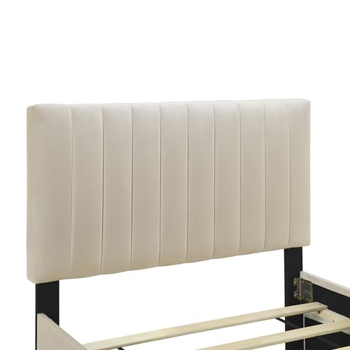 Harper & Bright Designs Platform Bed, Merax Twin Size Velvet Upholstered Bed Frame with Twin Size Trundle for Bedroom, Wood Slat Support, No Box Spring Needed, Easy Assembly, Beige