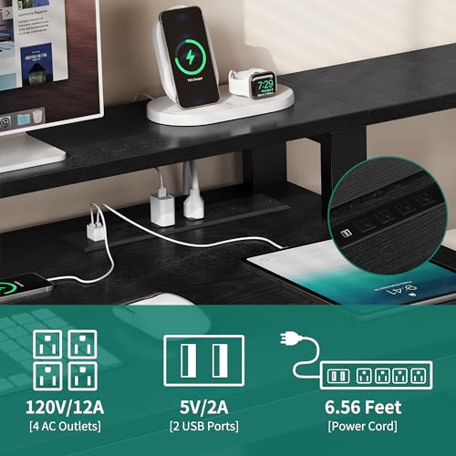 DWVO L Shaped Desk with Power Outlets & LED Lights, 65" Computer Desk with Drawers, Corner Desk Office Desk with File Cabinet & Printer Stand, Black