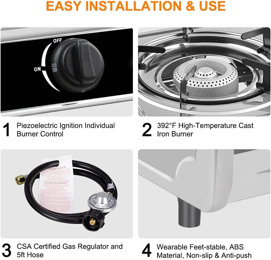 Camplux Camping Stove 2 Burners 19,600 BTU, Stainless Steel Gas Stove with Auto Ignition