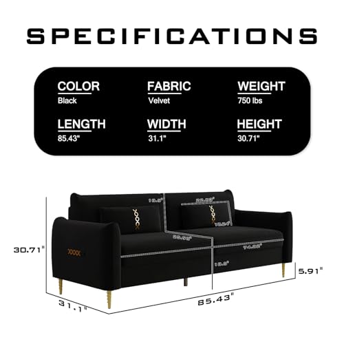 85 in 3-Seat Couch Velvet Couch, Mid Century Modern Couch Love Seats with Solid Wood Frame & 2 Same Color Pillows & Gold Couch Legs, Velvet Sofa Comfy Couch for Large Living Room Space（P16-White）