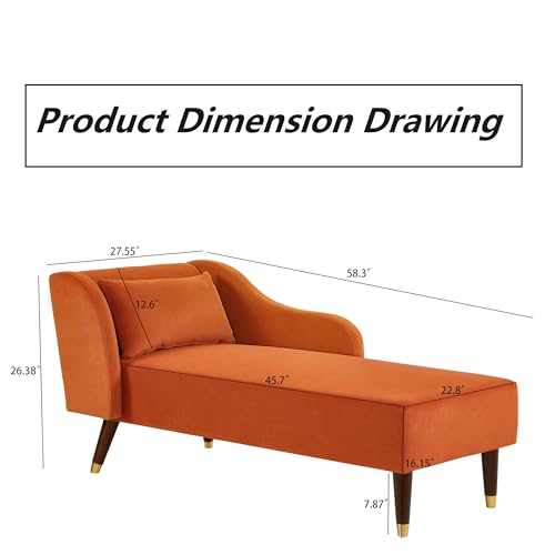 Modern Chaise Lounge in Comfortable Velvet Fabric with Tilting Backrest and Curved Armrests, 1 Pillow for Living Room, Bedroom, Guest Room, Apartment and Office. (Grey)