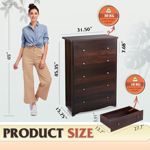 WLIVE Wood Dresser with 5 Drawers, Black Wooden Storage Cabinet, Organizer Drawers for Bedroom, Living Room, Hallway, Measuring 15.75" W * 31.50" D * 45.35" H ﻿