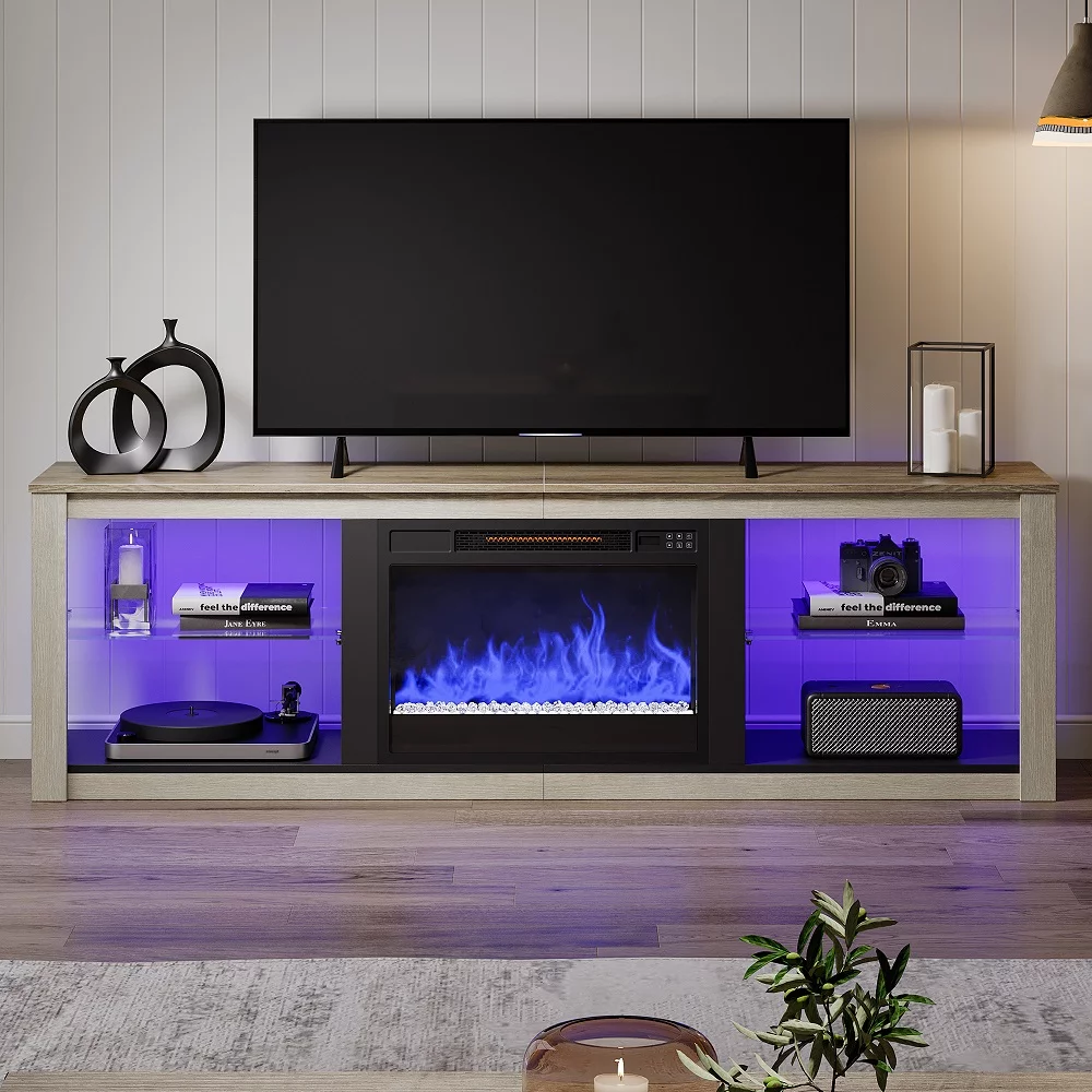 Bestier Modern Electric Fireplace TV Stand for TVs up to 75" with LED Light in Wash White+Grey
