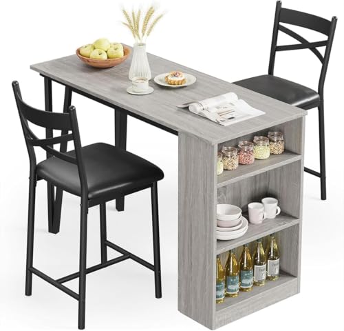 GAOMON 3 Piece Bar Table Set for 2, Bar Table and Chairs Set with with Flip Top Extension, Dining Table Set with Storage Shelves, Suitable for Small Space Kitchen Apartment, Grey