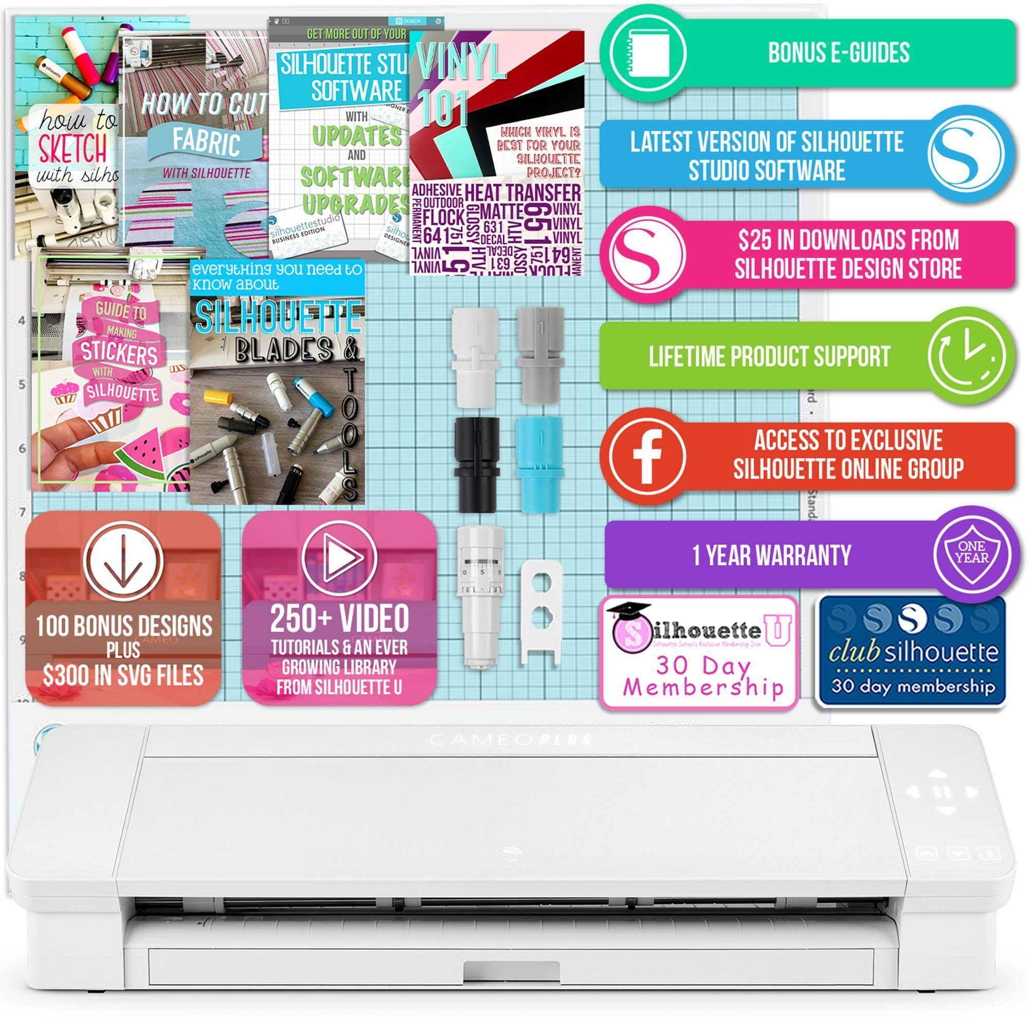 Silhouette White Cameo 4 Plus - 15x22 w/ Blade Pack, 38 Sheets Vinyl, HTV, Pens
