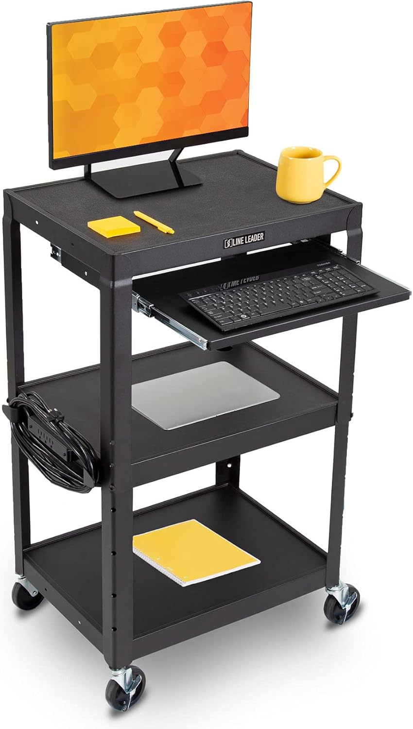 Line Leader Large AV Cart with Retractable Keyboard Tray | Height Adjustable Utility Cart | Includes Pullout Keyboard Tray & Cord Management | Easy Assembly (34in x 18in x 42in / Black)