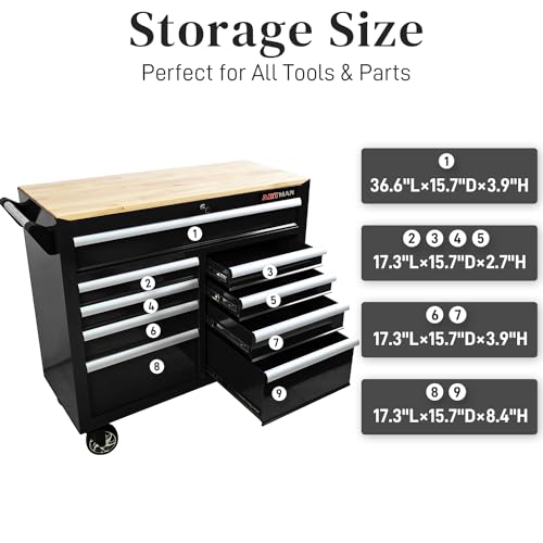 Heavy Duty Rolling Tool Chest with 9-Drawer Wood Top Tool Cart Mechanic Tool Box with Wheels Tool Storage Cabinet Mobile Workbench Tool Bench for Garage, Warehouse, Workshop, Repair Shop (Black)