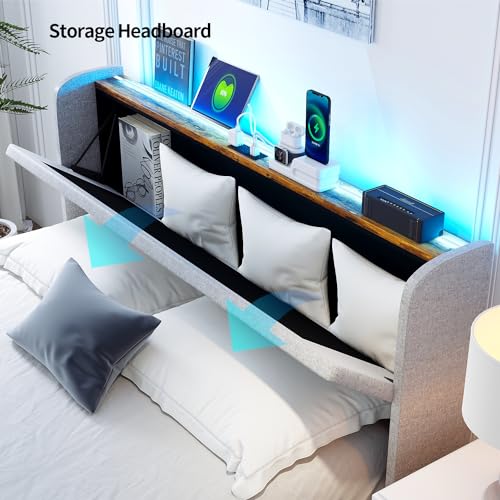 VOWNER Queen Bed Frame with Storage Headboard & 4 Drawers, LED Upholstered Bed Frame with Charging Station, Wood Slats Support No Box Spring Needed, Light Grey