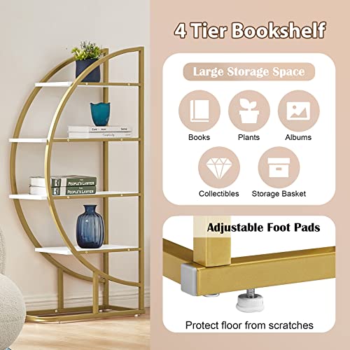 Tmosi 4 Tier Open Bookshelf, Modern Round Tall Bookcase Shelf Storage, Book Shelf with Metal Frame for Bedroom Home Office, Different Placement Ways (Golden+White)