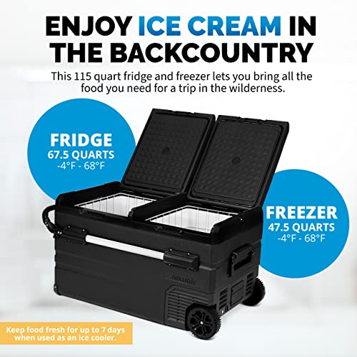 Newair Portable 80 Qt. Electric Car Camping Cooler with 4 Battery Protection Modes, Dual Zone Fridge and Freezer Storage, Retractable Handle, Outdoor Wheels and Rugged Construction