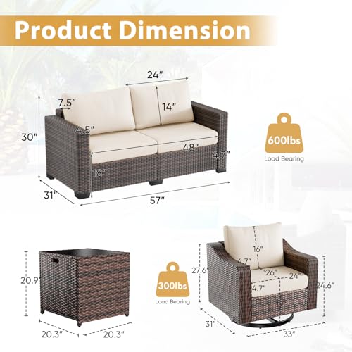 Outdoor Patio Furniture Set,6 Pieces Heavy Duty Wicker Patio Furniture with Fire Pit Table, Larger Seat Soft Cushion, Patio Conversation Set with Swivel Chair for Porch,Deck,Backyard,Grey