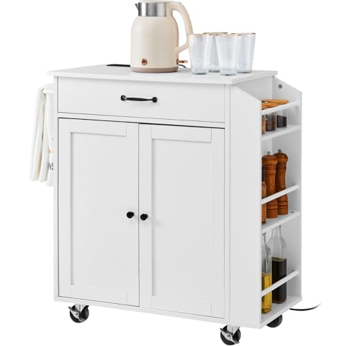 VEVOR Kitchen Island Cart with Solid Wood Top, 35.4" Width Mobile Carts with Storage Cabinet, Rolling Kitchen Table with Spice Rack, Towel Rack, and Drawer, Portable Islands on Wheels, White