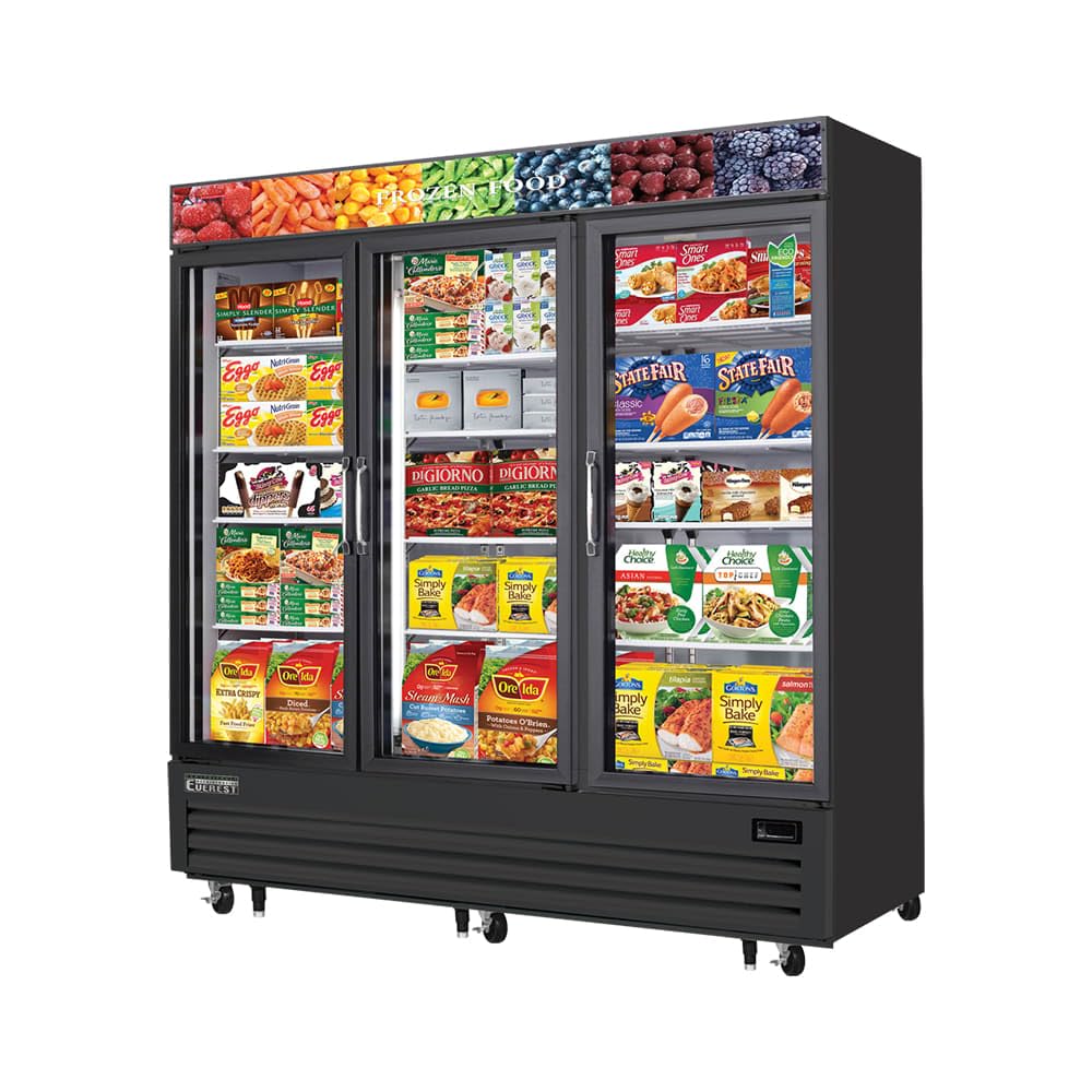 EMGF69B Reach-In Glass Door Merchandiser Freezer, three-section, 74-3/4"W, 69.0 cu. ft. capacity