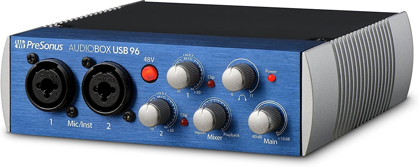 PreSonus AudioBox 96 Audio Interface Full Studio Bundle with Studio One Artist Software Pack with Mackie New! CR3-X BT Creative Multimedia Bluetooth Monitors and 1/4” Instrument Cables