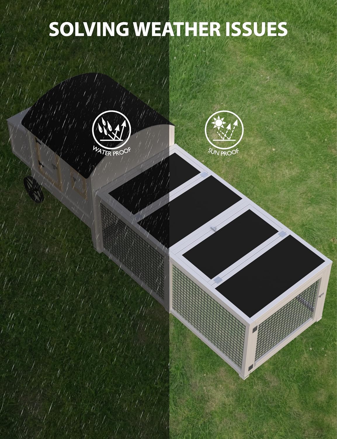 Chicken Coop, Outdoor Chicken Coop for 3-5 Chickens, 106in Chicken Coop with Run, Wooden Chicken Coop with Waterproof Roof, Nesting Box, Pull Out Trays and Ramp, White Carriage