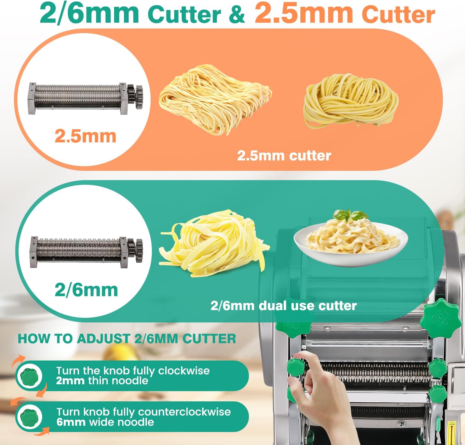 Newhai Commercial Electric Pasta Maker 2-in-1 Automatic Noodle Machine Thickness Adjustable 2mm 6mm Noodle Heavy Duty Dough Roller Pressing Machine, 750W