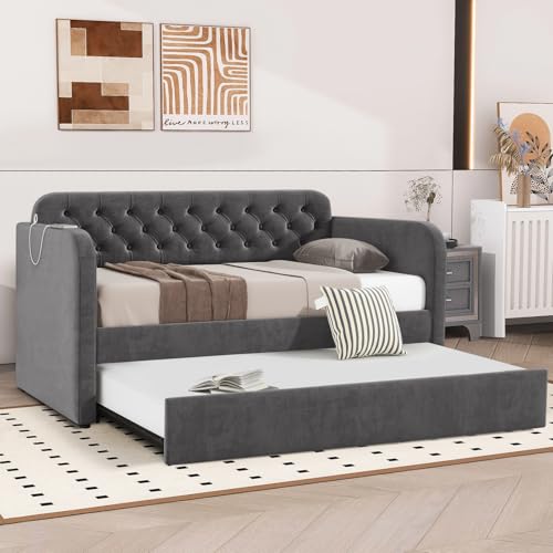 Antetek Twin Daybed with Trundle, Upholstered Velvet Daybed w/Pull Out Trundle Bed, USB Ports, Button Tufted Day Bed Frame for Living Room, Apartment, No Box Spring Needed, Beige
