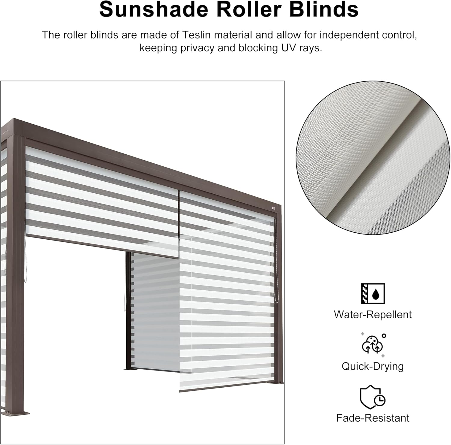 PURPLE LEAF Outdoor 11' × 13' Louvered Pergola with Roller Blinds Patio Adjustable Aluminum Canopy Retractable Metal Roof for Deck Outside Backyard Hardtop Gazebo Sun Shade, 2 Short and 1 Long Side