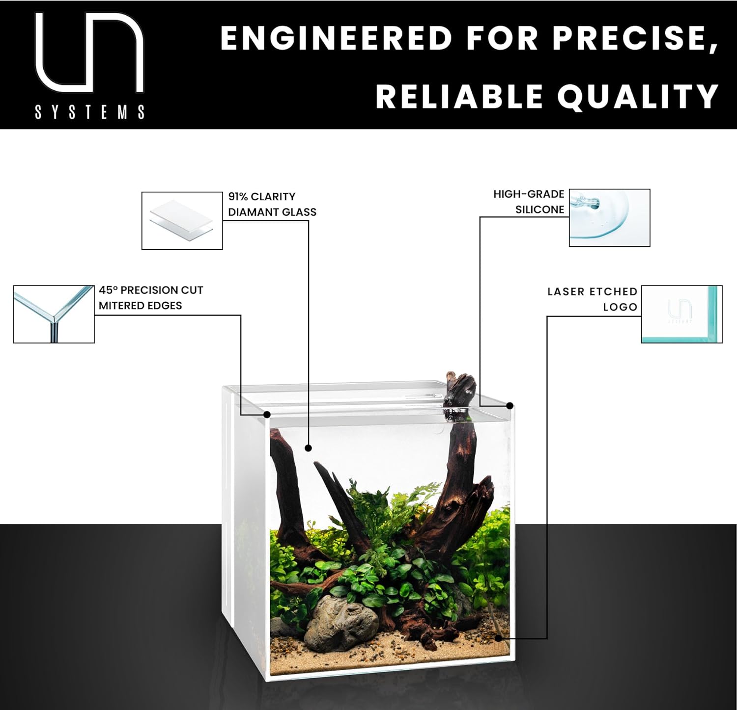 Ultum Nature Systems Rimless All in One Aquarium - Cube Fish Tank, Freshwater AIO Aquarium, Rimless Fish Tank w/Triple-Chamber Filter & White Background - 7 Gallon - 11.81" x 11.81" x 11.81" - 30A