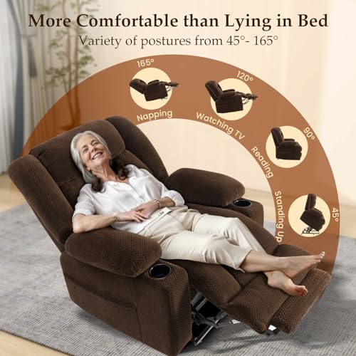 Large Power Lift Chairs Recliners for Elderly with Extended Footrest, Lift Chairs with Heat and Massage, Big and Tall Overstuffed Wide Recliner, 3 Positions (Plush Flannel, Dark Brown)