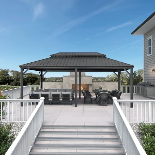 PURPLE LEAF 10' X 14' Permanent Hardtop Gazebo Aluminum Gazebo with Galvanized Steel Double Roof for Patio Lawn and Garden, Curtains and Netting Included, Grey