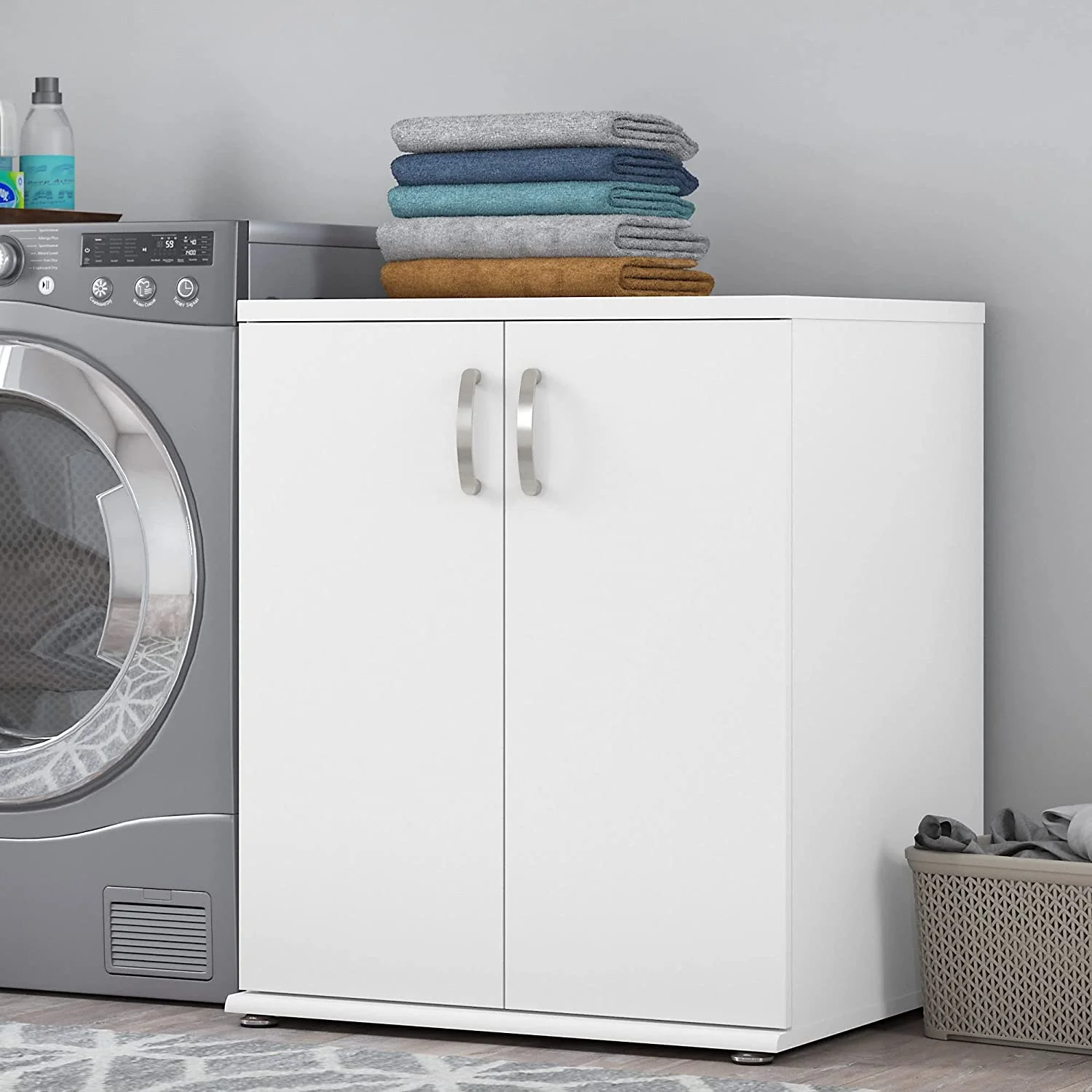Laundry Room Storage Cabinet with Doors and Shelves, White