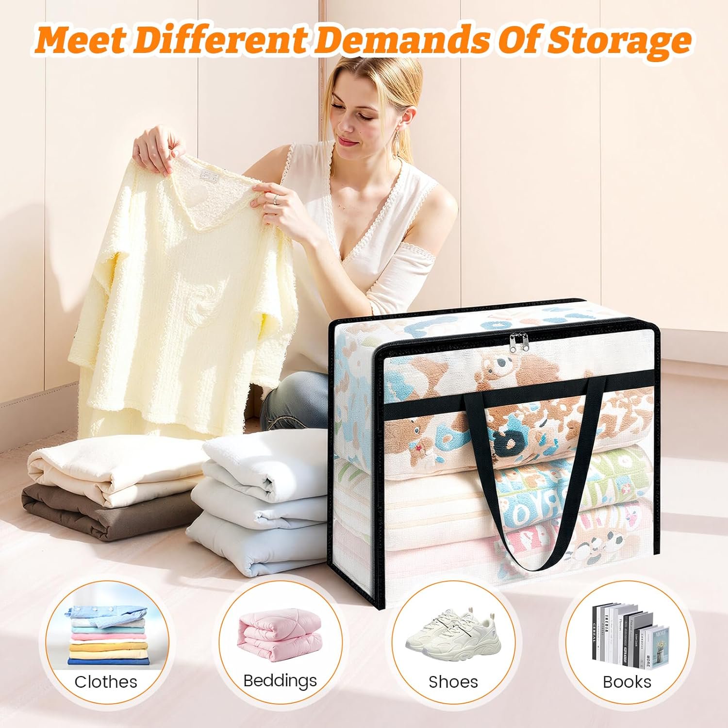 4 Pack Clear Clothes Storage Bags, Moving Bags, Foldable Blanket Storage Under Bed Storage Containers with Sturdy Zipper and Handle for Clothing, Comforter, Bedding, Sheet (40L)