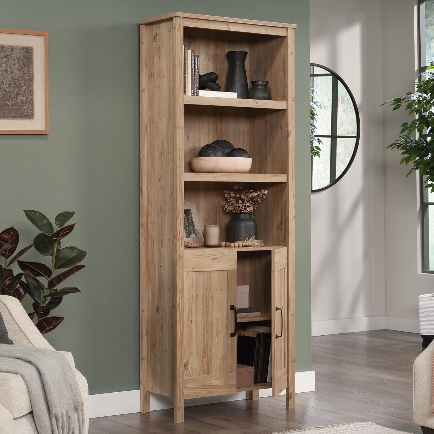 Sauder Select Bookcase with Doors, Khaki Pine Finish
