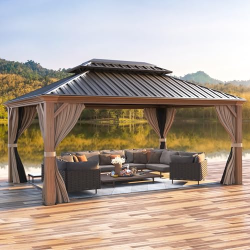 MELLCOM 12'x16' Hardtop Gazebo, Galvanized Steel Metal Double Roof Canopy with Curtains and Netting, Brown Permanent Pavilion Gazebos with Aluminum Frame for Garden, Patio, Lawns, Deck