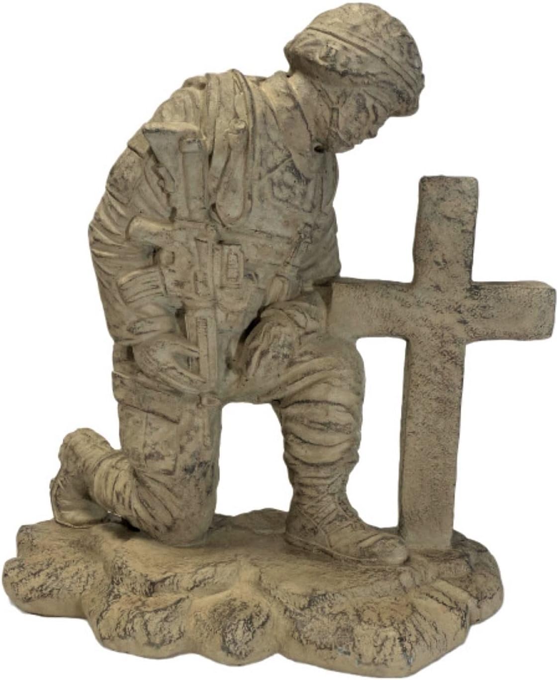 Solid Rock Stoneworks Kneeling Soldier At Cross Stone Military Statue 22in Tall