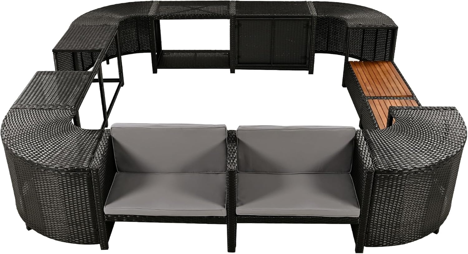 Quadrilateral Outdoor Rattan Sectional Sofa Mini Couch, Patio Conversation Sets with Wooden Seats and Storage Spaces, Spa Surround Frame for Gardern, Poolside, Gray