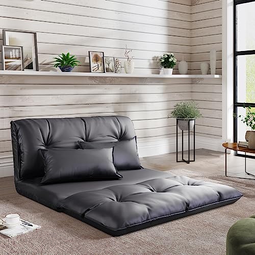 Futon Floor Sofa 5-Position Folding Chaise Lounge w/Adjustable Back&Steel Frame for Gaming Video,Multi-functional Lazy Sofa Sleeper Bed w/2 Lumbar Pillows&Thick Cushion for Living Room Bedroom (Black)