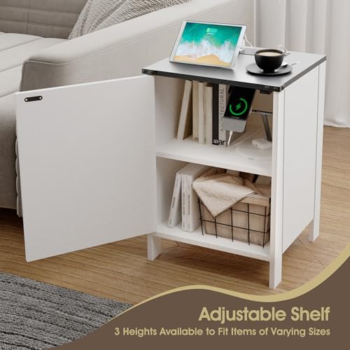Farmhouse Nightstands Set of 2 with Charging Station, Rustic Bedside Table End Table with Barn Door for Living Room Bedroom Sofa Side Table with Storage, White