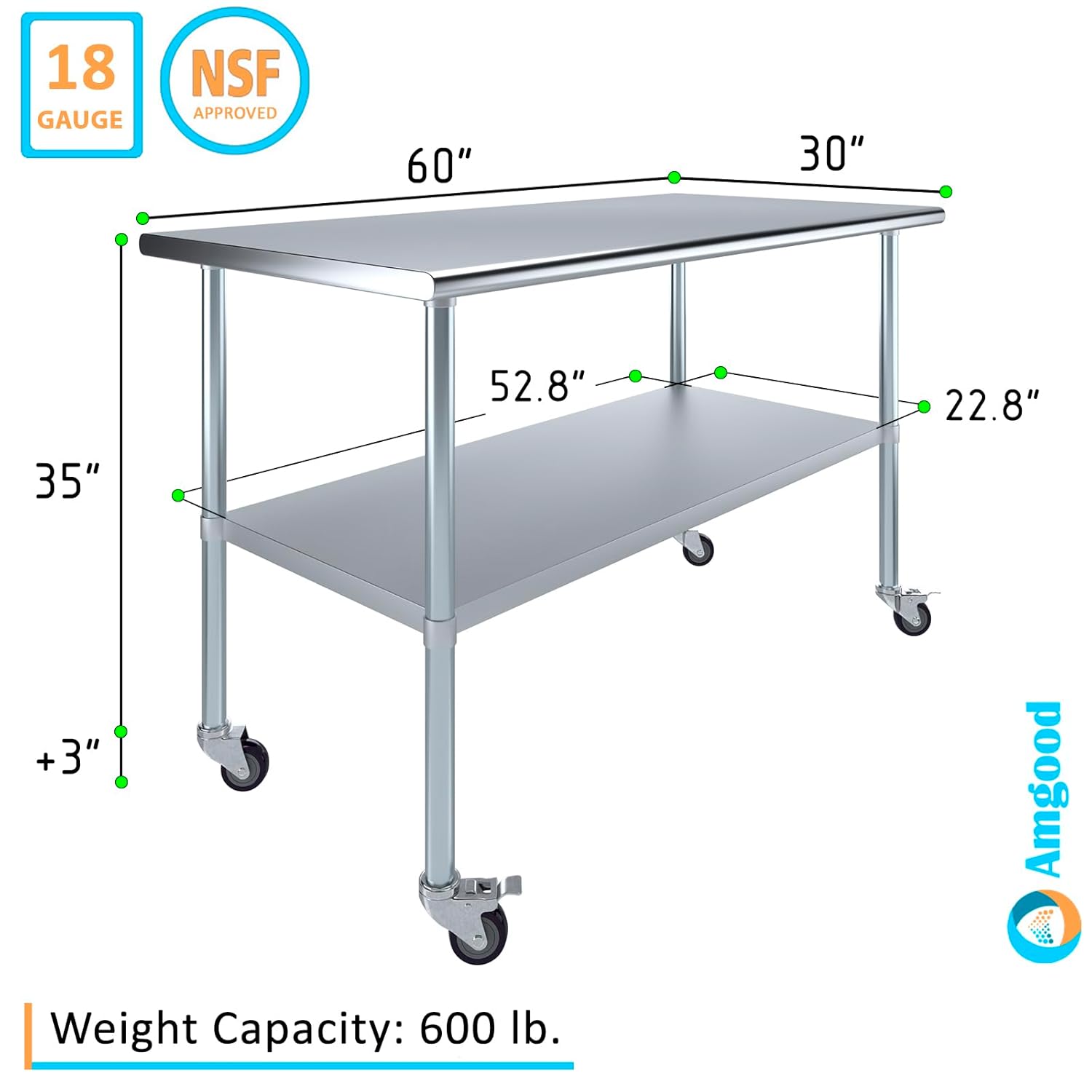 AmGood 30" X 60" Stainless Steel Work Table with Under-Shelf & 4 Wheels | Laundry Garage Utility Bench | Prep Worktable | Kitchen Island Food Prep | NSF Certified