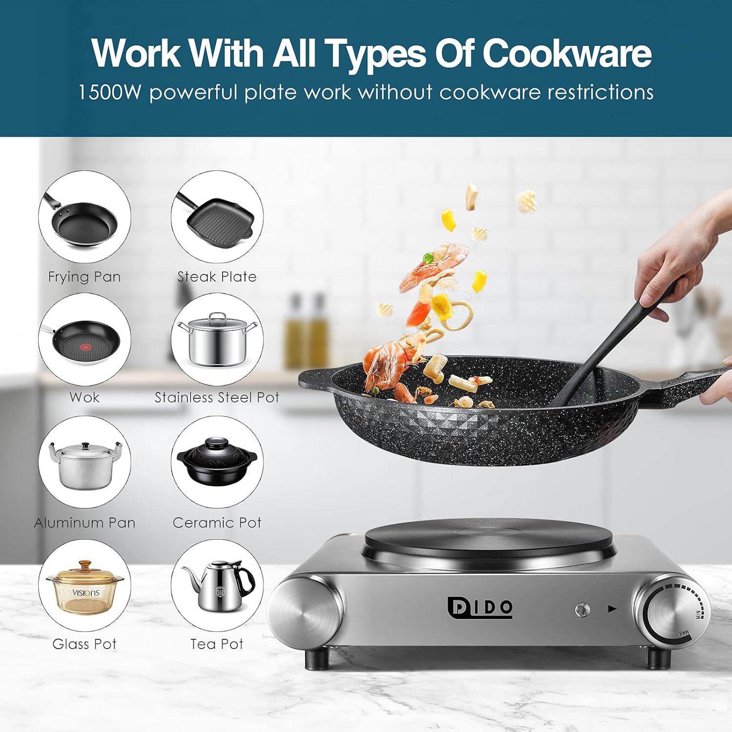 DIDO 1800W Hot Plate, Portable Electric Stove Countertop Cast-Iron Double Burner with Adjustable Temperature& Anti-Slip Feet, Stainless Steel Cooktop for Home/Camp/RV, Compatible for All Cookwares