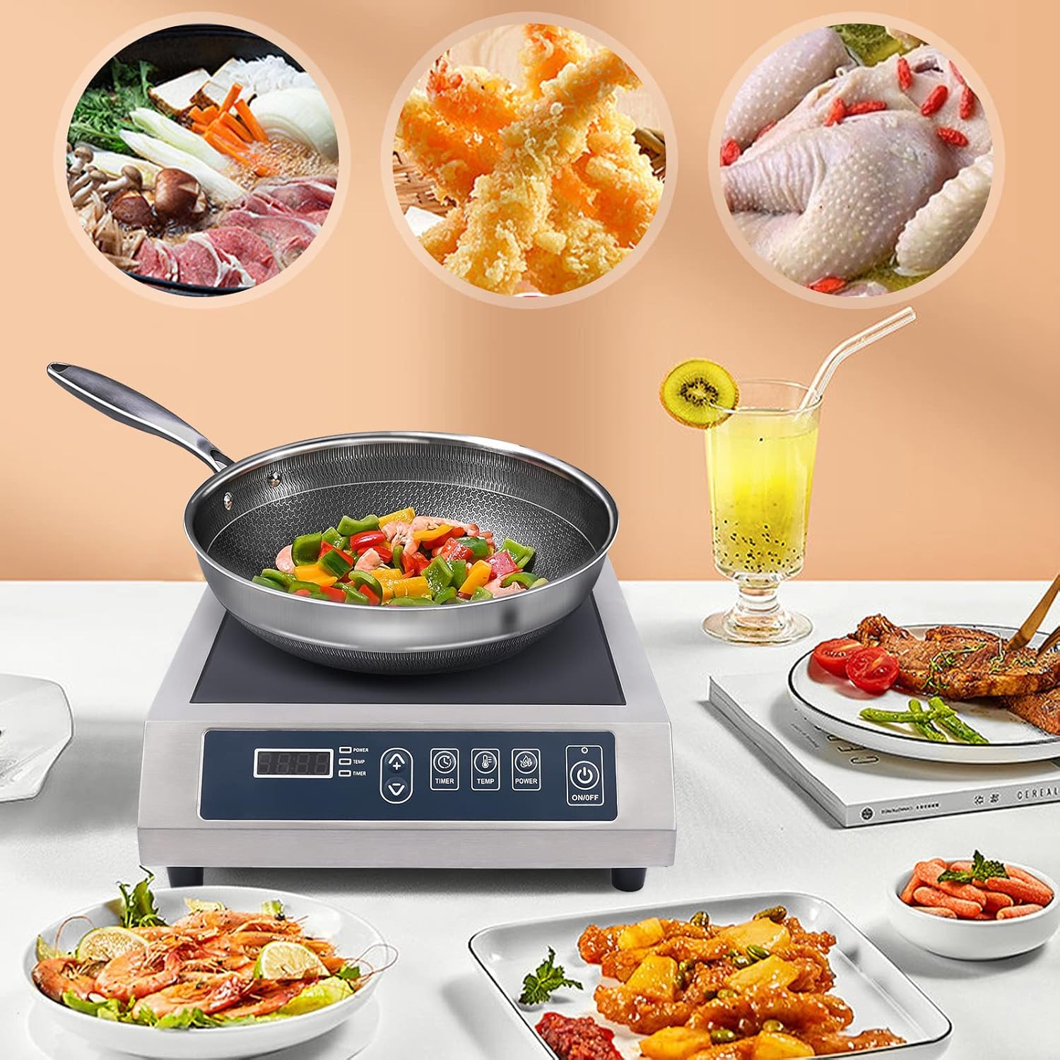 1800W Large Commercial Induction Cooktop, 110V High Power Stainless Steel Housing Professional Single Induction Cooker with 13 Temp Levels & LED Displays and Indicators for Pro Chef
