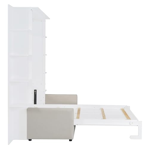 Polibi Queen Size Murphy Bed - Multi-Functional Wall Bed with Sofa Cushion, Folds into Cabinet, Ideal for Guest Room/Home Office/Gym, Gray