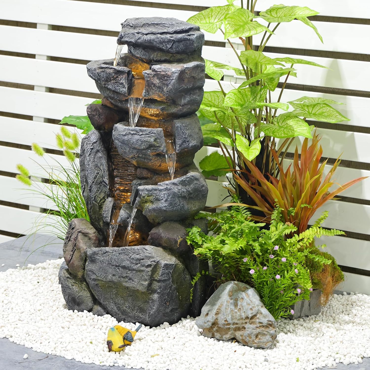 5-Tiered Rock Water Fountain Outdoor Garden - 31.5”Waterfall Fountain Outdoor Water Fountain with Light Cascading Waterfall for Patio,Garden,Grey,Resin Fountain