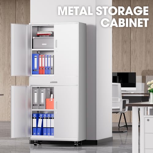 DNA MOTORING 71'' Metal Storage Cabinet, Locking Tool Cabinet with 1 Drawer and Adjustable Shelves, Lockable Heavy Duty Metal Locker for Garage,Office,Home,Gym, Gray, TOOLS-00629-GY-GY-A