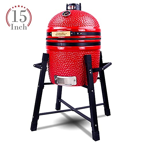 Ceramic Kamado Charcoal BBQ Grill and Smoker, Stainless Steel Grates -15" Ceramic with Tall Stand (BLACK)