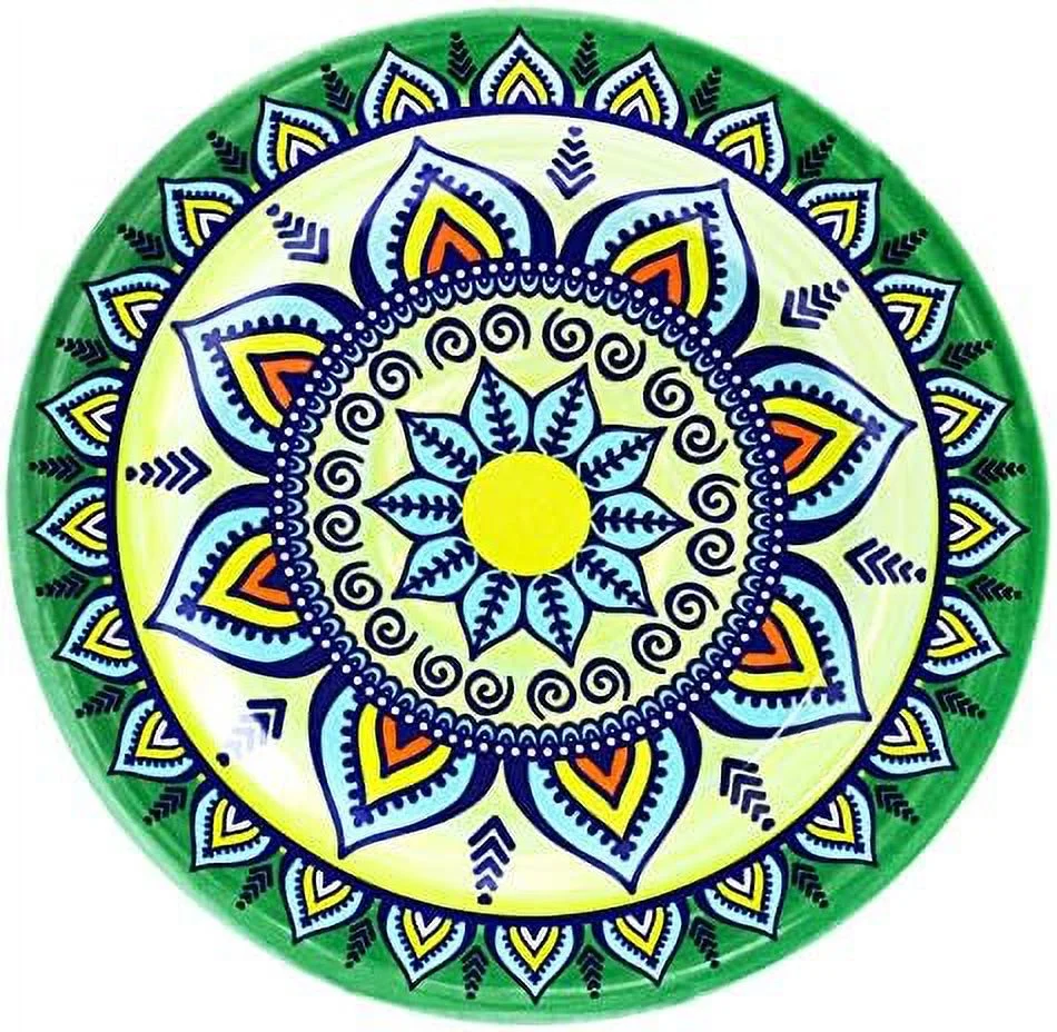 Multicolored Round Stoneware Mandala Pattern Dinnerware Set, 16 Piece, Green