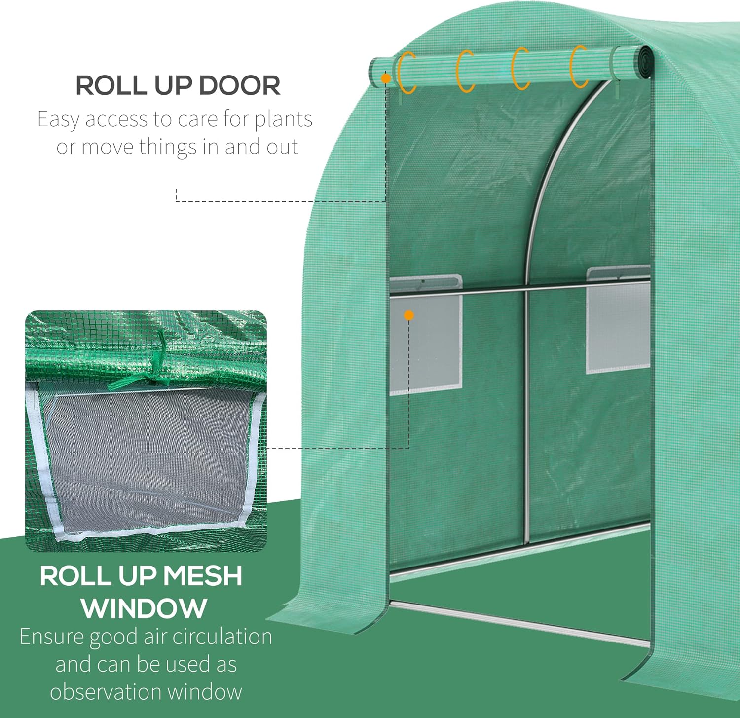 Outsunny 15' x 7' x 6.5' Walk-in Tunnel Hoop Greenhouse, Green House with Polyethylene PE Cover, Steel Frame, Roll-Up Zipper Door & Windows for Flowers, Vegetables, Tropical Plants, Green
