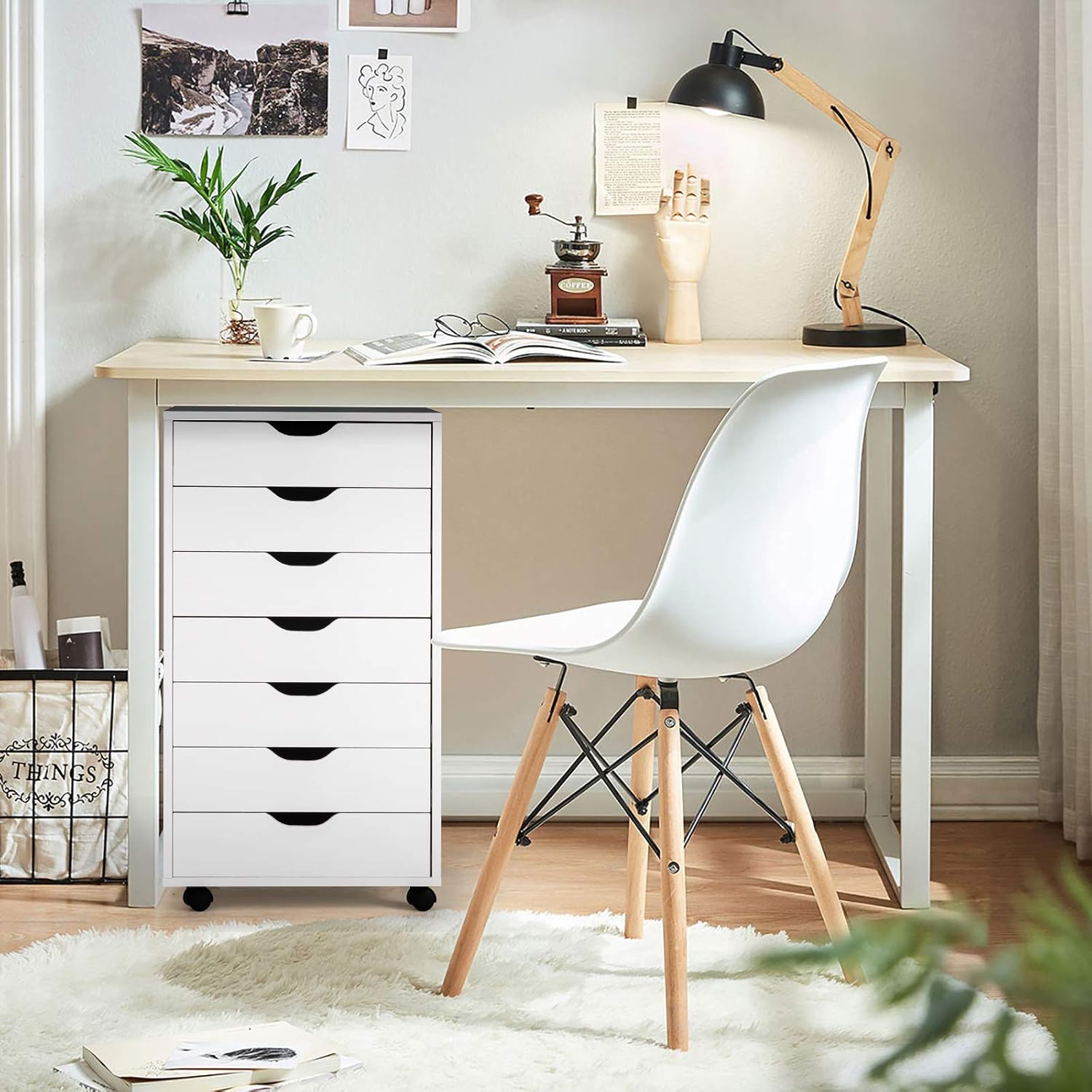 7 Drawers File Cabinet, 34.5”Vertical Filing Cabinet for Home Office, Under Desk Storage Cabinet with Wheels, Mobile Chest of Drawers, Lateral Rolling Printer Stand, White