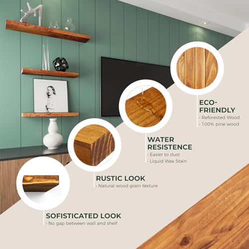 Letto Solid Wood Floating Shelves, Set of 2, 10" D x 24" W x 1.57" H - Pine Wood and Environmentally Friendly Wood Floating Shelves, Water Resistant, Thick Wood, All-Included Set Up, Honey Oak Shelf