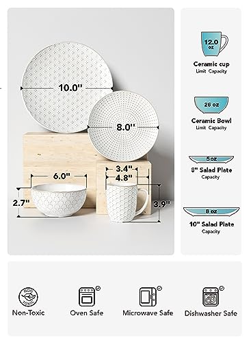 LE TAUCI Dinnerware Sets 12 PCS, Ceramic Plates and Bowls Set, Suit For Housewarming (10" Dinner Plate + 8" Salad Dish + 26 oz Cereal Bowl) x 4, Oven safe - Arctic White